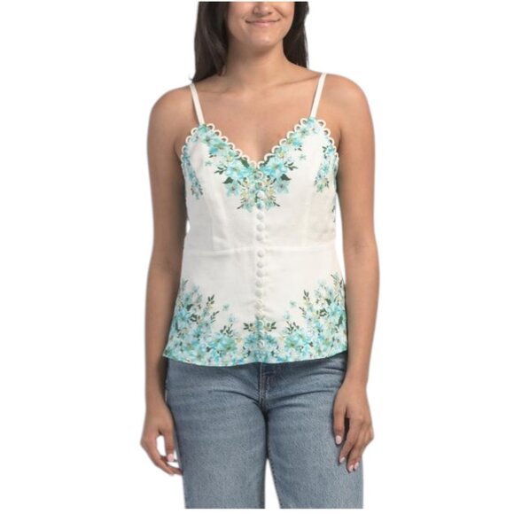 ELIE TAHARI Linen Blend Sleeveless Camisole With Scallop Detail